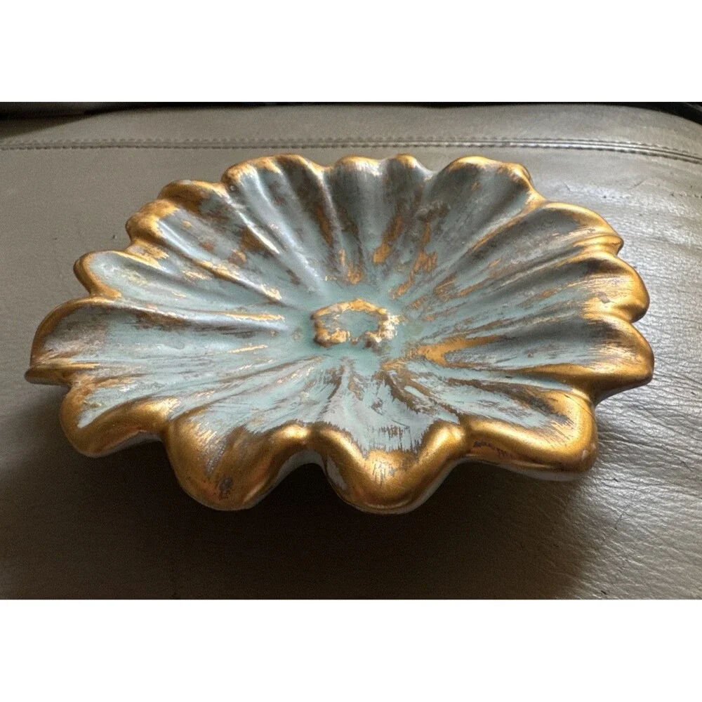 Vintage Stangl Pottery #4036 Flower Bowl Dish Antique Gold & Turquoise 22k Wash